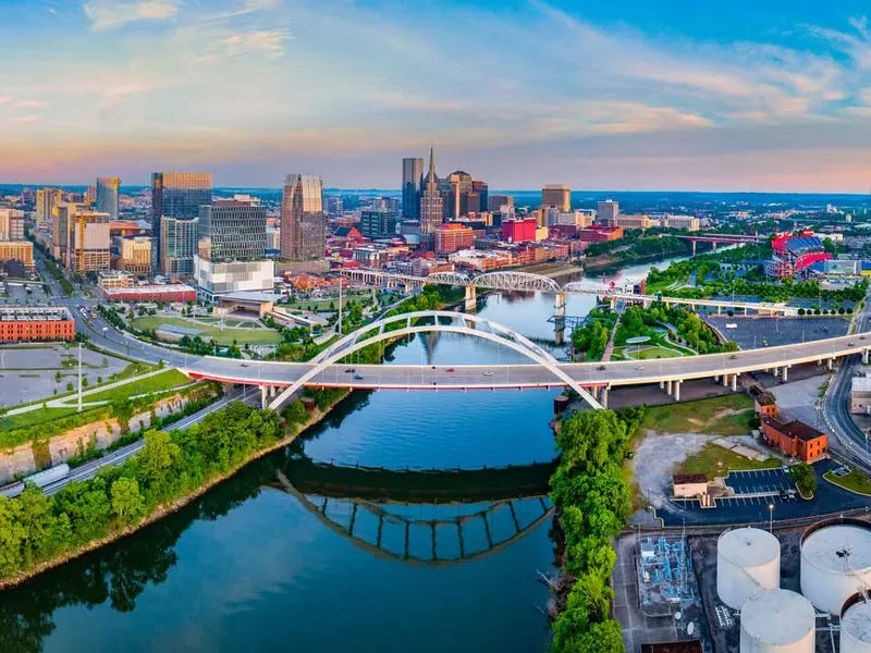 Aerial view of downtown Nashville and bridges over the Cumberland River