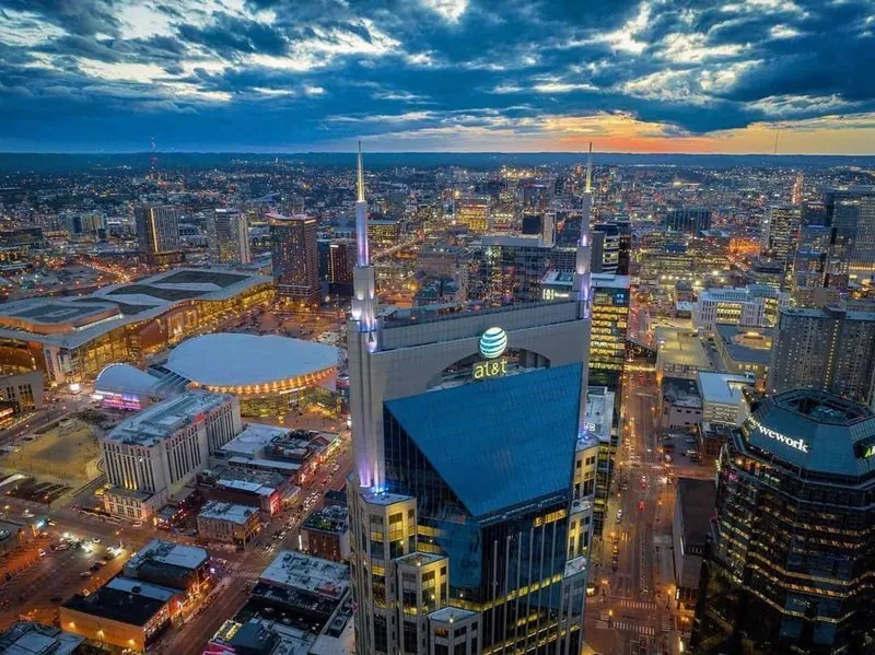 Aerial view of Nashville at night with roads lit up