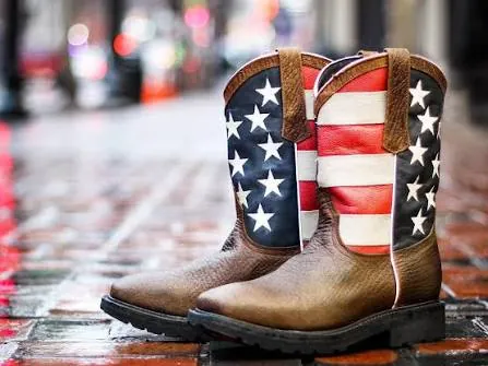 Cowboy boots with an American flag design on a wet brick sidewalk